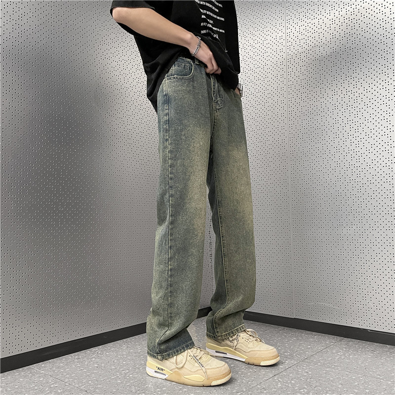 レトロなジーンズの男性の夏の日本の街頭のレジャーの広い足の潮流のinsのゆったりしている学生のまっすぐな筒の長いズボン|undefined