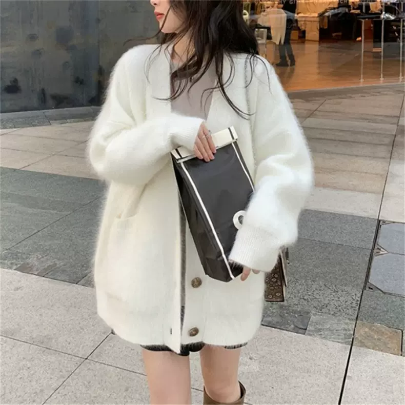 仿水貂绒软糯毛衣外套女秋冬新款温柔慵懒中长款宽松毛衣开衫女