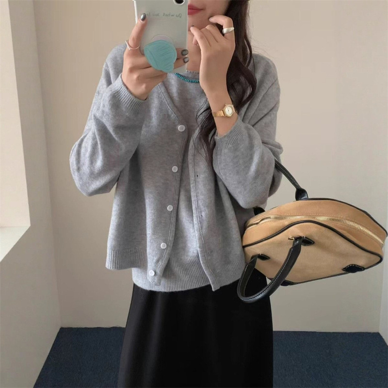 纯色高级感纯欲风假两件针织开衫秋冬新款软糯长袖短款毛衣外套女|undefined