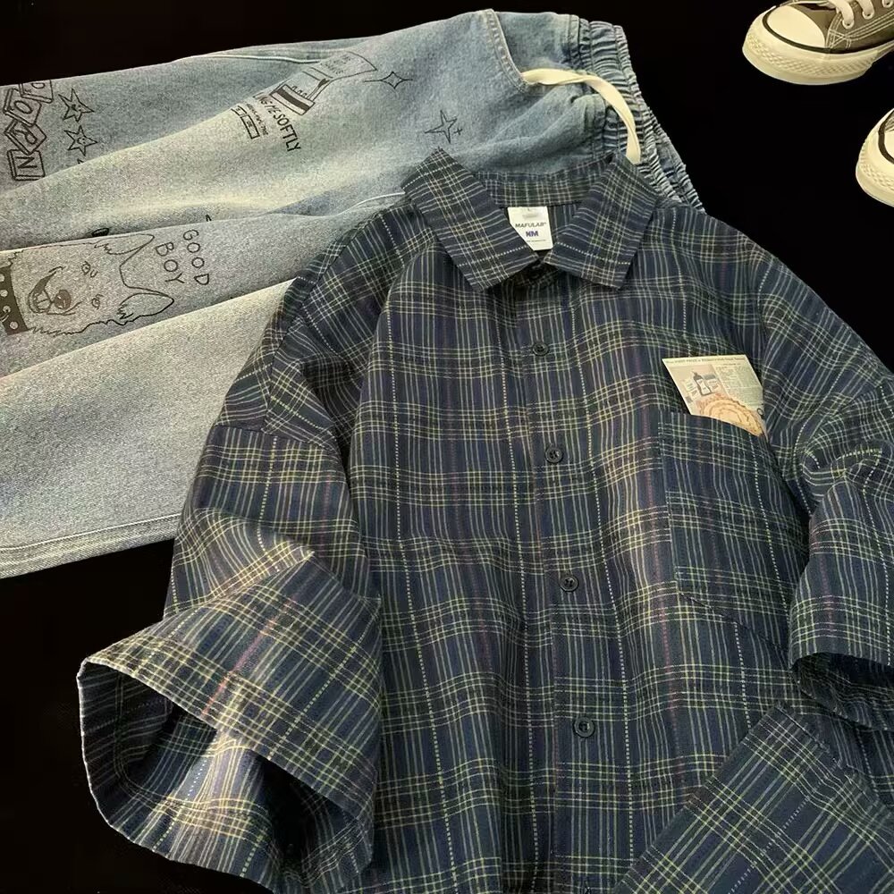 Japanese Retro Plaid Short Sleeve Shirt Men's Streetwear Loose Casual Fashion Multi-Purpose Half Sleeve Shirt Men