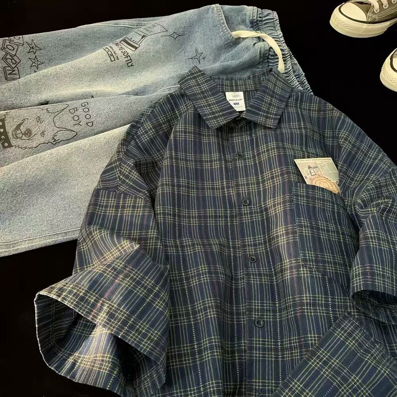 Japanese Retro Plaid Short Sleeve Shirt Men's Streetwear Loose Casual Fashion Multi-Purpose Half Sleeve Shirt Men