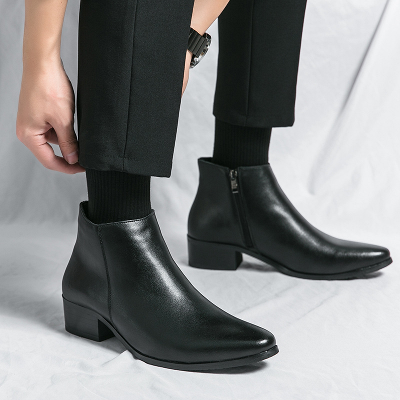 跨境真牛皮靴男士切爾西馬丁靴男增高加絨棉高幫皮鞋拉鏈尖頭男鞋