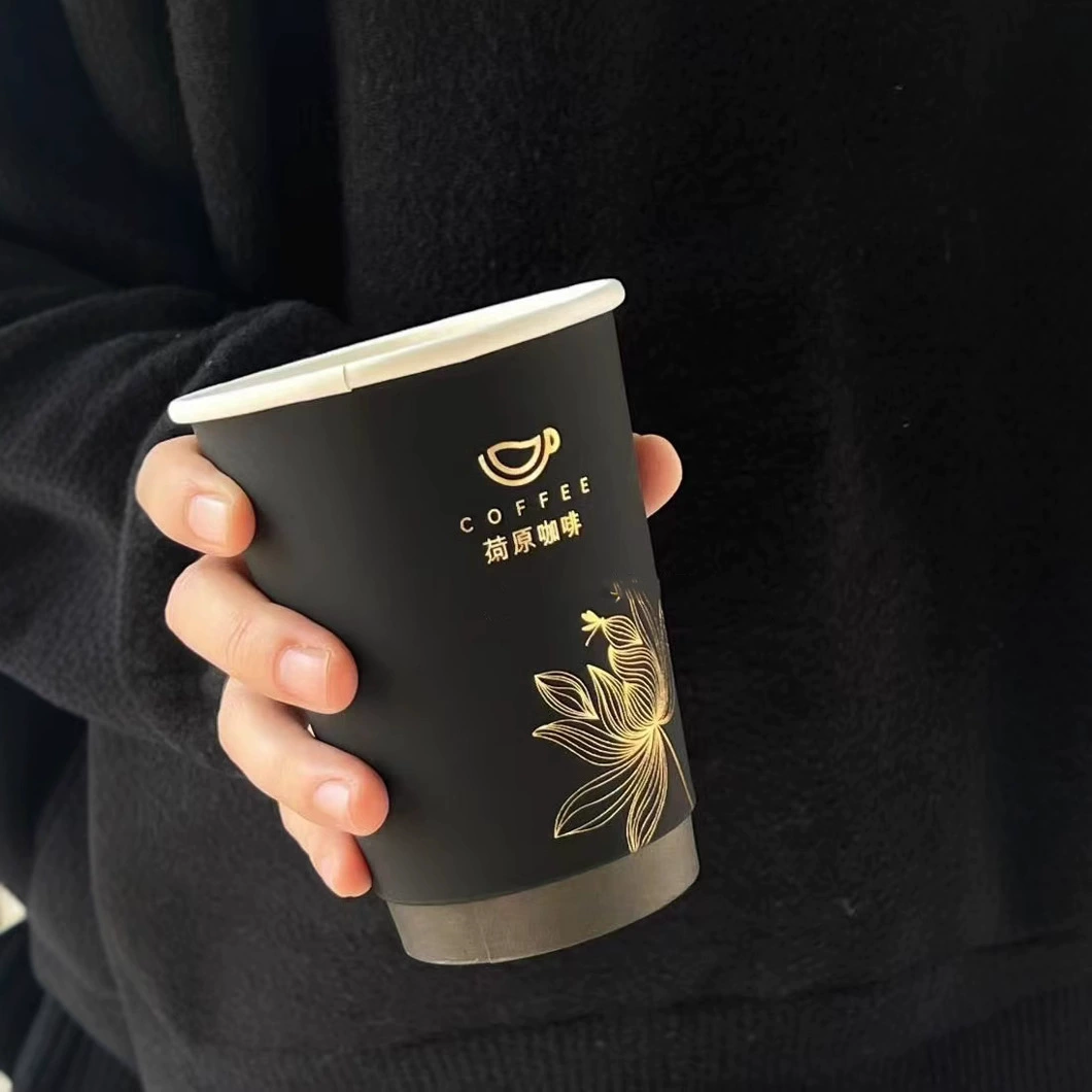 Коммерческий одноразовый черный бумажный стакан 10oz с двойным слоем, бархатная ткань, золотой чай/кофе стакан с молоком