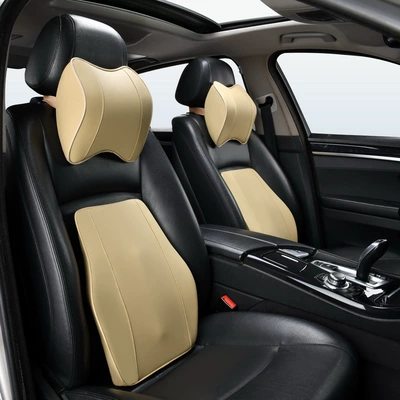 Headrest: Pillow, Car Memory Foam Neck - cost-effective-leather-headrest-lumbar-support-warm-beige