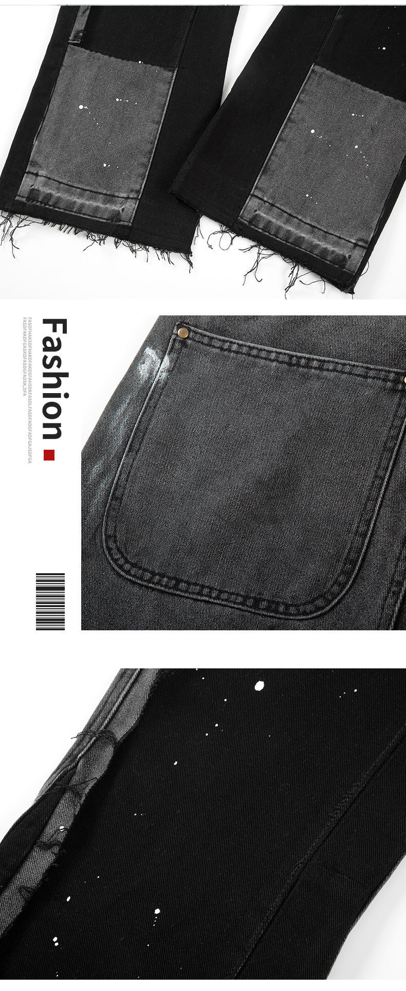 Herrenbekleidung High Street gewaschene Distressed-Patchwork-Holzfällerjeans für Männer Retro-Modetrend Hose mit weitem Bein und Tintenspritzer-Print_voghion.com