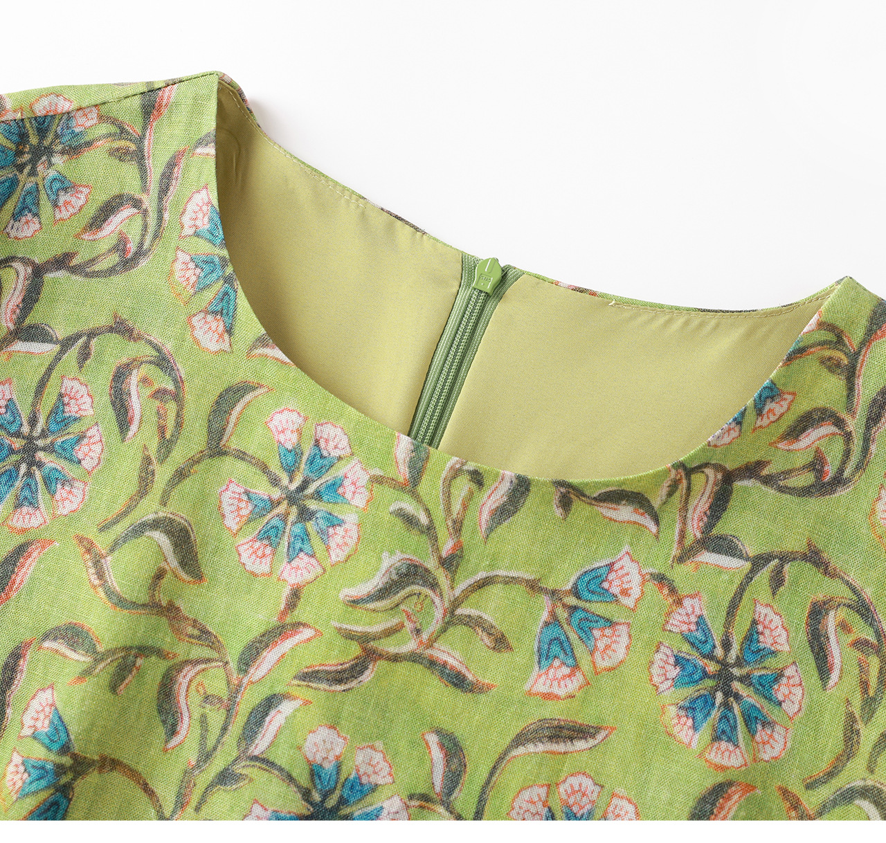 Đầm maxi nữ thắt eo tay ngắn họa tiết vintage chất lụa tơ tằm phối sợi gai — xanh lá cây chi tiết 18