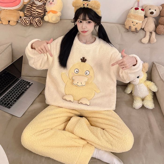 파자마 여자 가을 겨울 코랄 기모 두께 기모 플랜지 가정복 소녀 겨울 귀엽다 외장 세트