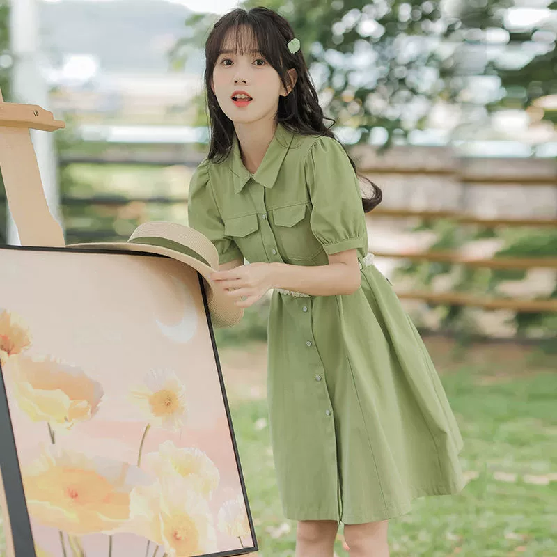 Свежее женское платье с короткими рукавами, новое летнее платье-рубашка в японском стиле, нежный стиль, платье с затягиванием талии.