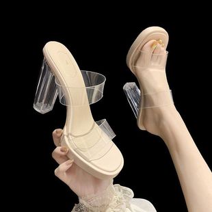 Small High Heels Women's Sandals 2024 Spring and Summer New Explosions Transparent Crystal Chunky Heel Sandals for Outer Wear