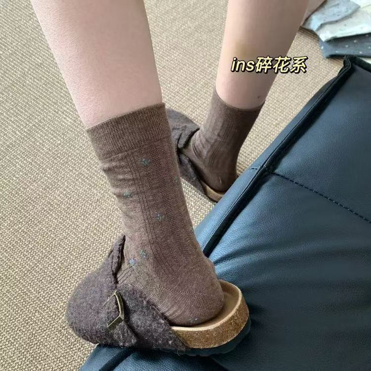初秋温柔小碎花中筒袜日系简约百搭堆堆袜miu系复古清冷女|undefined