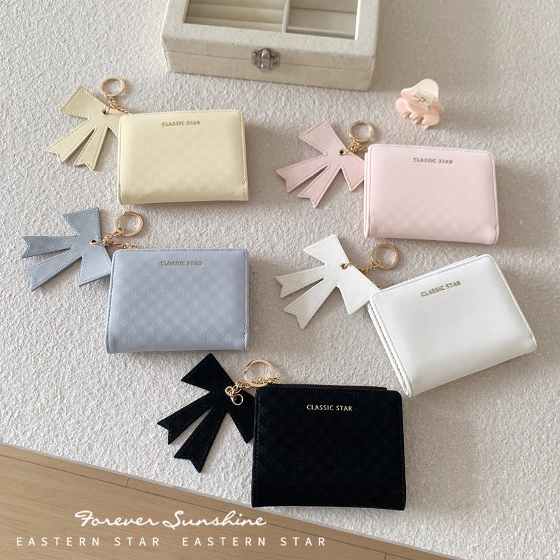 Gentle style bow-knot plaid bag ~ Short wallet with pendant, letter print, zipper coin pocket, multiple card slots, in stock Gentle style bow-knot plaid bag ~ Short wallet with pendant, letter print, zipper coin pocket, multiple card slots, in stock