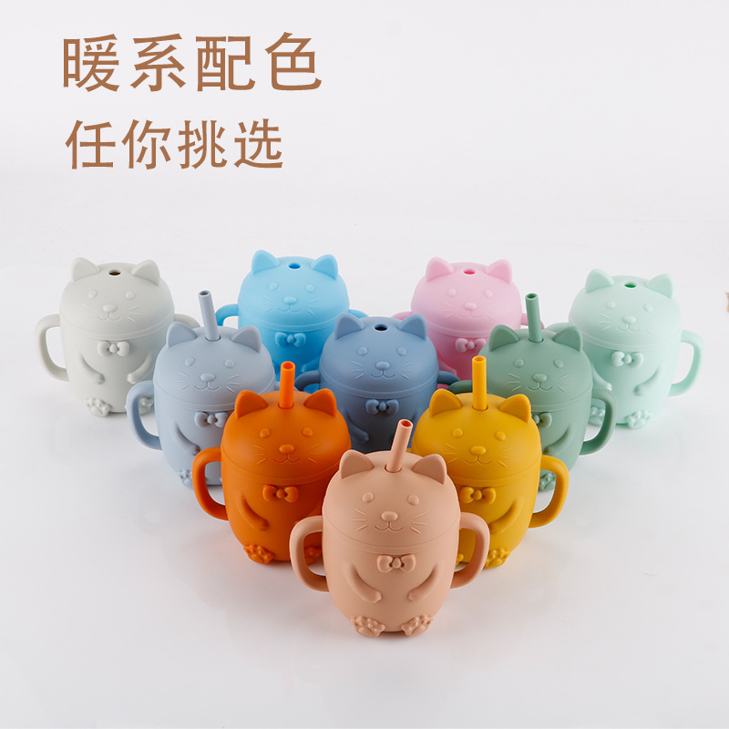 Cross-Border New Baby Cat Cup de silicona BPA GRATIS suplemento alimenticio taza de paja taza de bebida resistente a la caída gato de dibujos animados