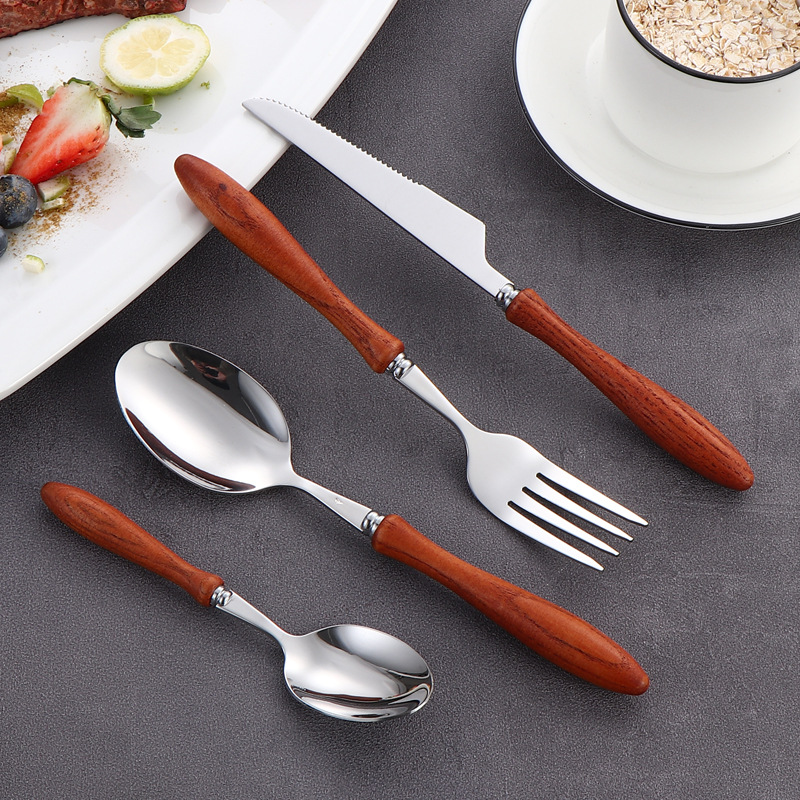 Cross-border 304 cuchillos y tenedores de acero inoxidable conjuntos de cubiertos creativos mangos de madera de mango redondo cubiertos de carne cuchillos y tenedores cucharas de té