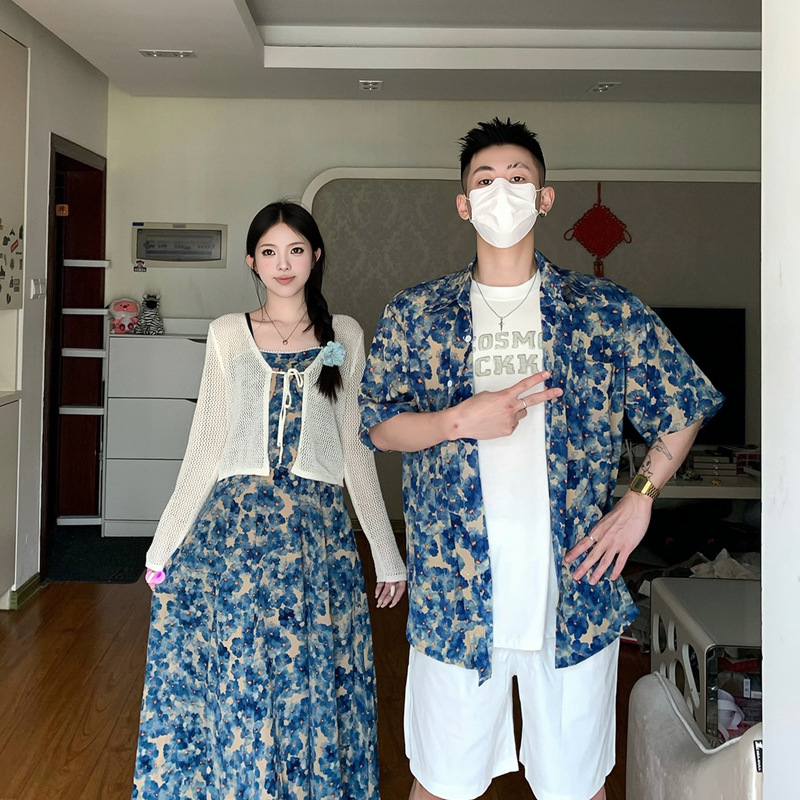 2024 여름 커플 의류 여성 티 브레이크 프렌치 레트로 꽃 스트랩 비치 원피스