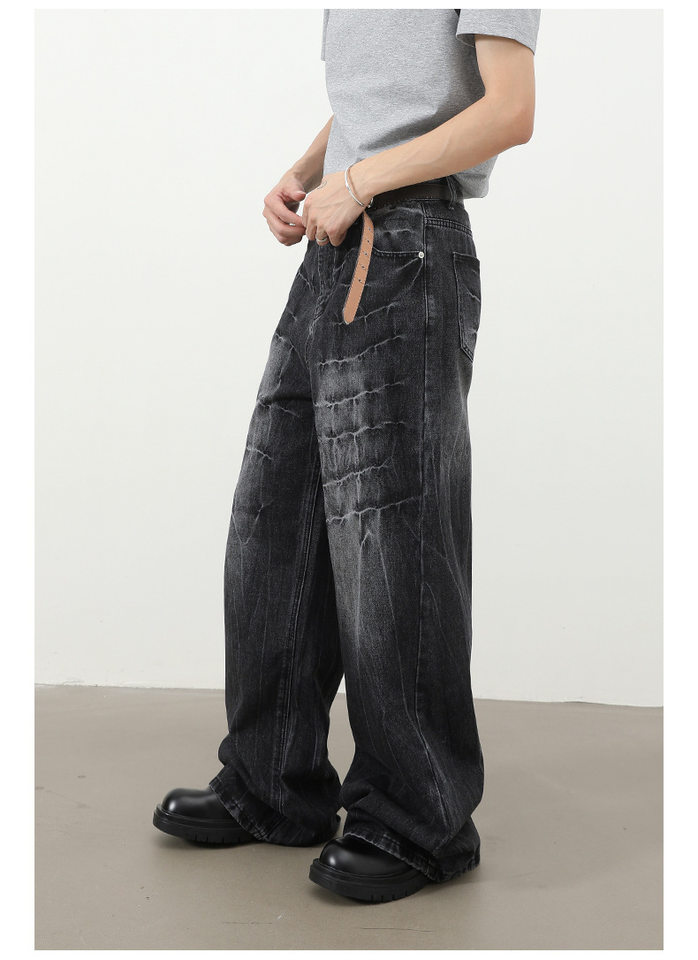 Quần jeans nam dáng rộng ống thẳng họa tiết sét chất liệu washed phong cách đường phố — màu xanh, màu xám đen chi tiết 8