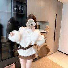 法式轻奢感斜肩拼接毛毛袖毛衣26女冬气质女神宽松显瘦套头针织衫