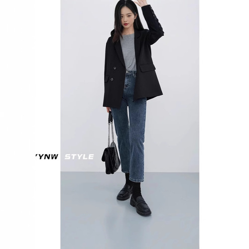 Women's straight-leg cigarette pants 2024 new slimming spring and autumn slim fit high-waisted 9-inch jeans