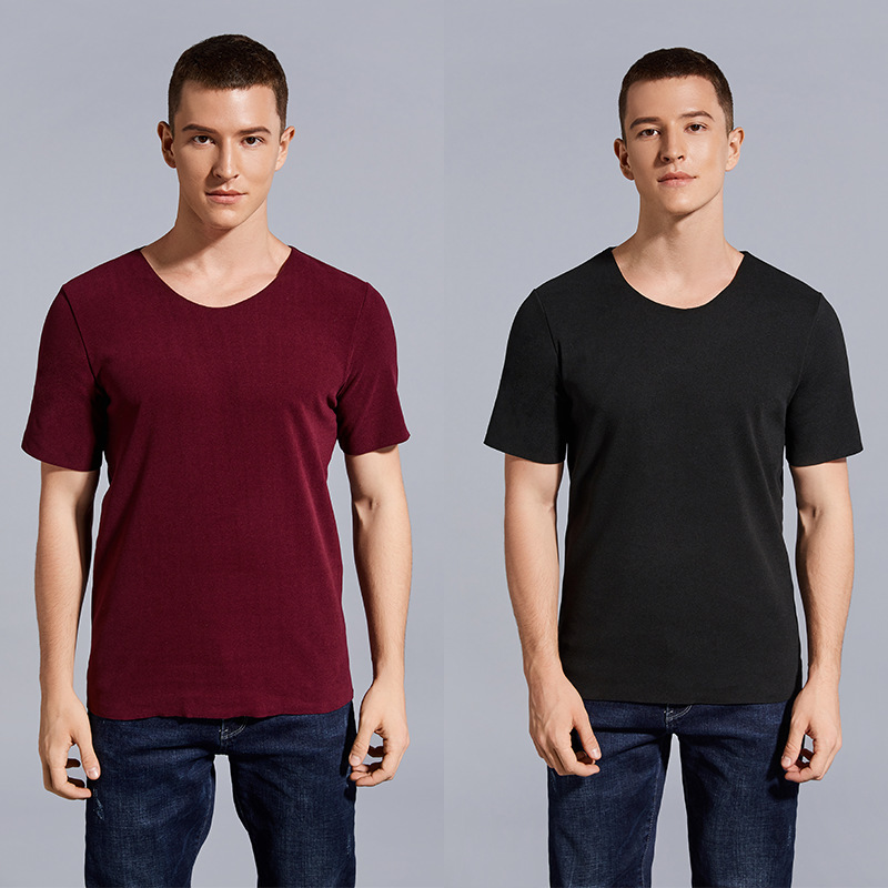 Double-sided Velvet Warm Top Men's Short-sleeved T-shirt Autumn and Winter Solid Color Round Neck Thick Slim-fit Base Shirt