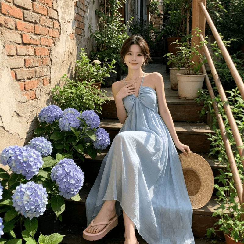 Island Style Halter Neck Suspender Dress, Atmospheric Seaside Vacation Forest Style Blue Women's Skirt, Backless Beach Skirt