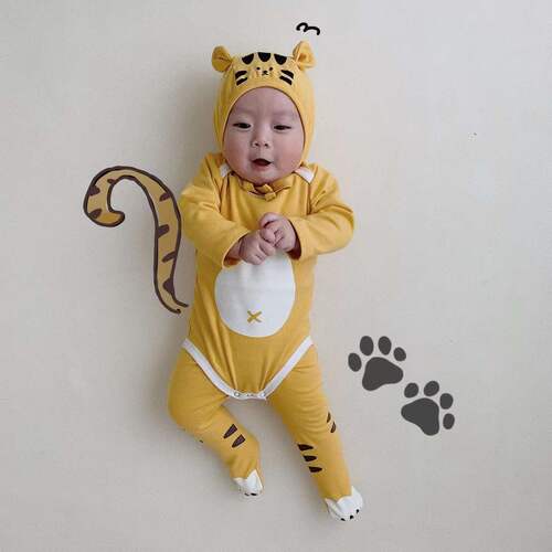 ins Korean version of children's jumpsuit 2024 spring new infant crawler suit cute tiger style harem suit