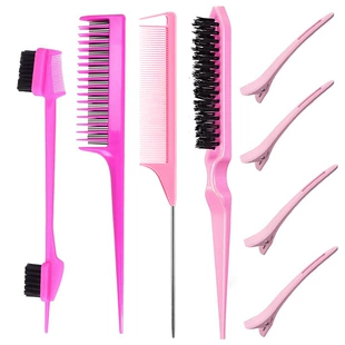 Hairdressing comb set, 8-piece pink, plastic styling combs and clips for sectioning
