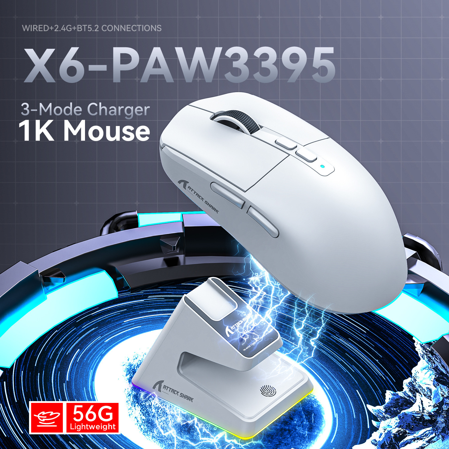 Attack Shark X6 Mouse, Lightweight PAW3395, E-sports Game, The Third Mock Examination, Wireless Bluetooth Mouse Charging RGB Base_voghion.com