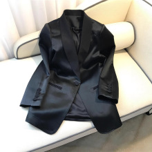 2025春夏新款设计感小众三醋酸宽松中长款黑色小西装外套女缎面