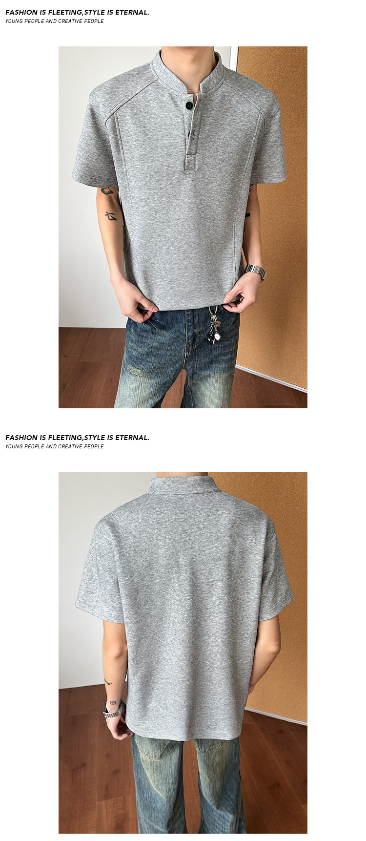 T-shirt da uomo high street con collo alla coreana casual top_voghion.com