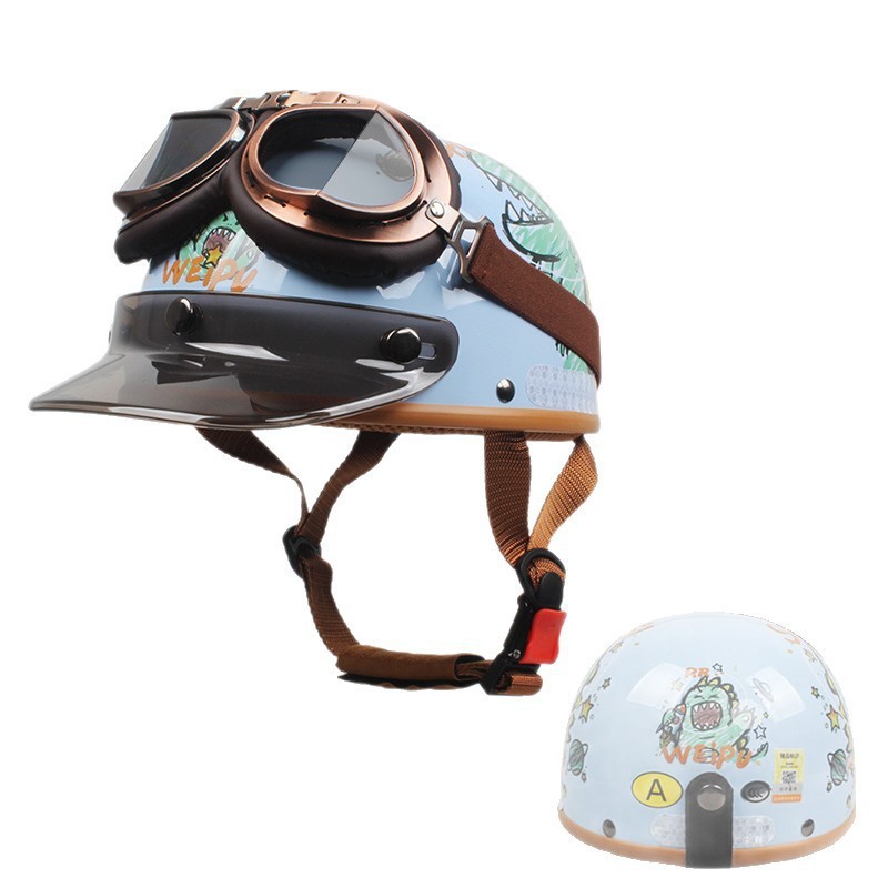women, baby half – Universal Motosiklet kaskı (dəbilqə) - light-blue-tyrannosaurus-bronze-tea-glasses
