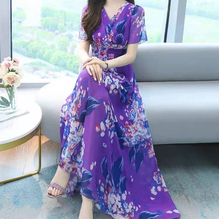 199 Summer New Arrival Thin Short-Sleeved Long Dress Bohemian Dress Young Woman Ice Silk Digital Print Long Dress