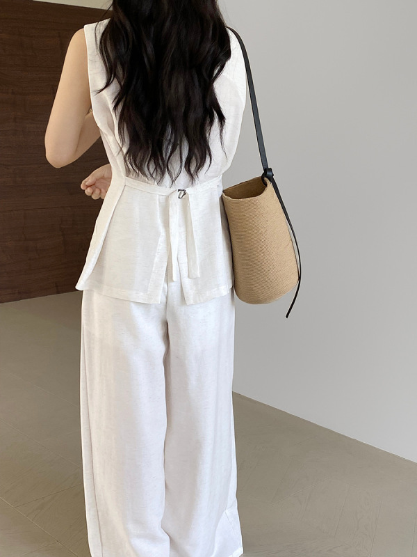 【福祉品返品不可】Jiangzuo Laqianfeng スーツ ノースリーブ ベスト + ワイドレッグ パンツ 2 点セット 女性用 8603|undefined