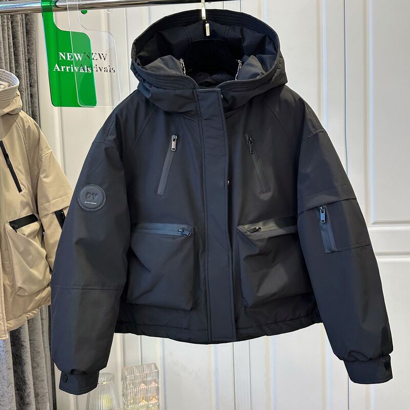 Short-Sized Solid Color Hooded Fleece-Lined Thickened White Duck down Windproof Warm Jacket for Women