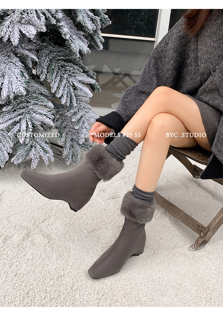 Boot nữ cổ cao lông cừu mũi vuông tăng chiều cao — cà phê nâu, màu xám, quả mơ chi tiết 10