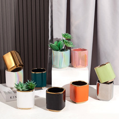 Colorful pearlescent ceramic flowerpots, electroplated golden square small flowerpots, light luxury Nordic modern ceramic flowerpots and succulents