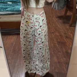 卡通可爱kitty猫咪印花白色阔腿牛仔裤女胖mm新款直筒宽松慵懒风