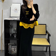 2025秋冬款法式真丝丝绒上衣圆领拼边下摆设计百搭少女俏皮感小衫