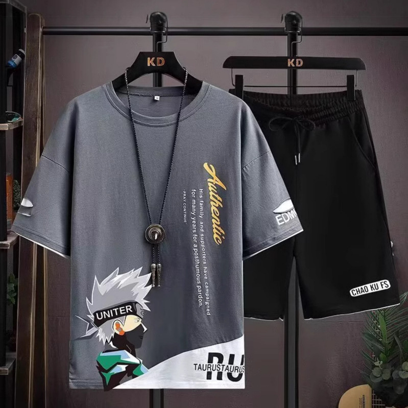 Casual Sports Suit Men's Summer Short-Sleeved T-Shirt Shorts Two-Piece Korean Style Loose Teenagers Junior High School Students
