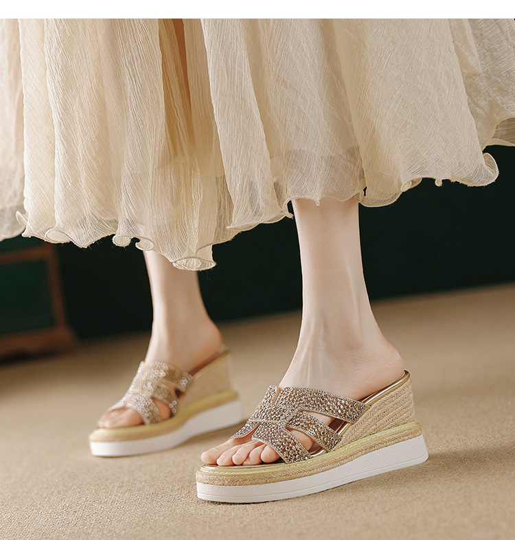 Sandal cao gót nữ hở mũi đính đá pha lê quai ngang đế xuồng — Champagne màu, bạc chi tiết 10