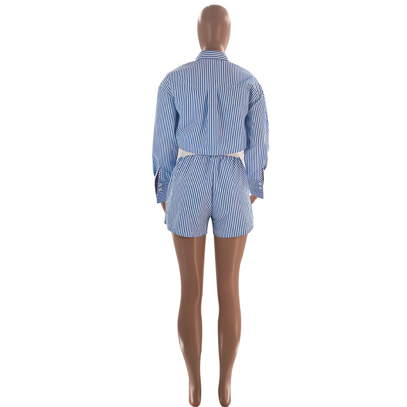 Striped Shirt Long Sleeve Ladies Two Piece Set Casual Elastic Waist Shorts Suit Summer
