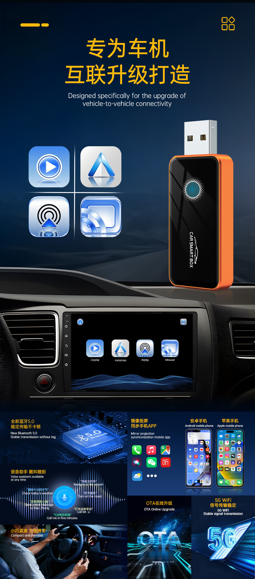 4-in-1 Wireless Carplay Box Car Adapter Converts Wired to Wireless for Mirroring Apple and Android Phone Screens