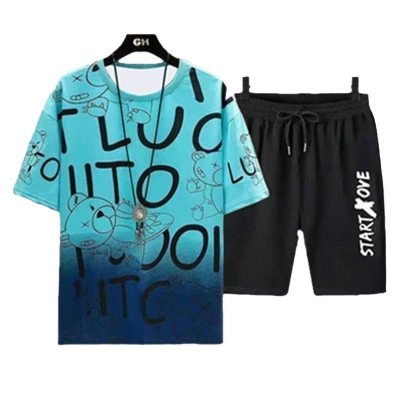 Nuevo traje de degradado de seda de hielo de secado rápido, camiseta de manga corta para hombre, pantalones cortos casuales de verano, traje deportivo de dos piezas al por mayor de fábrica