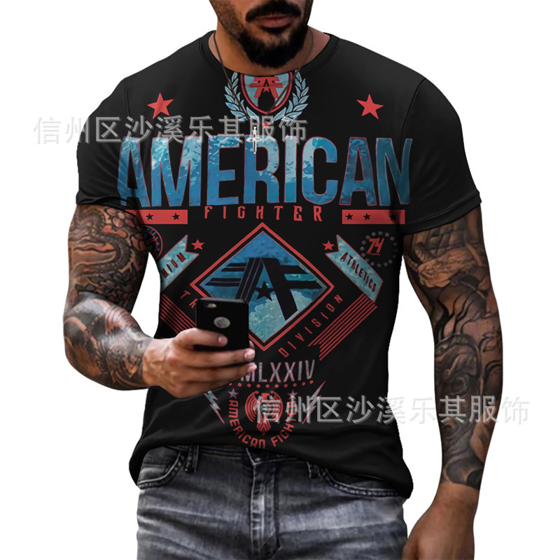 Camiseta de manga corta de marca de moda europea y americana, patrón geométrico para hombres 2024, top delgado de cuello redondo de media manga de moda de verano