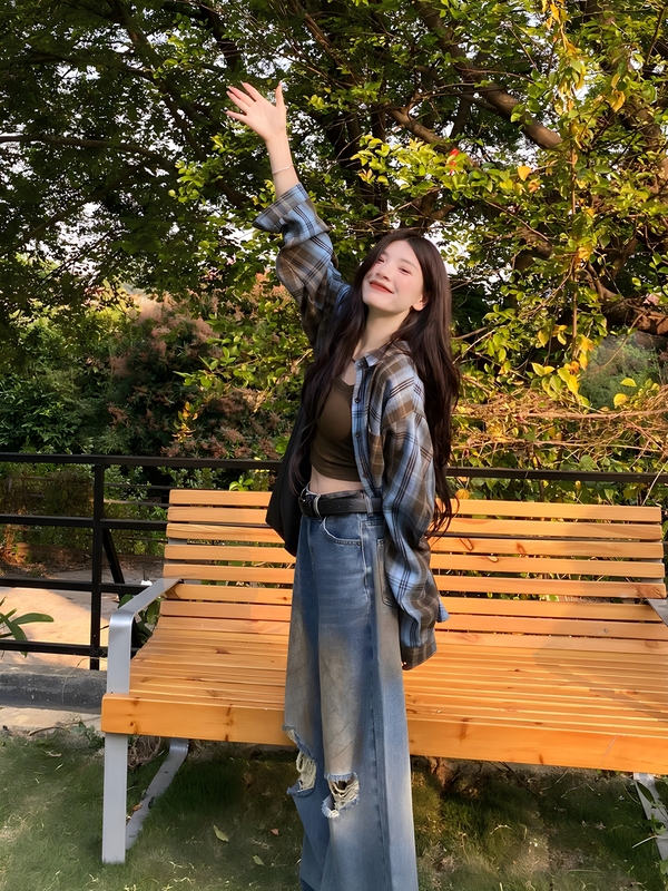 法式复古感格子衬衣外套女宽松长袖慵懒休闲早秋防晒衬衫上衣|undefined