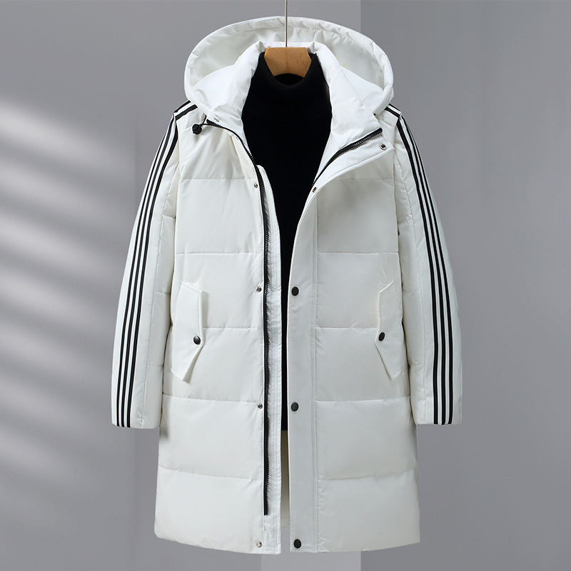 Cross-border New down Jacket Men's Mid-length Youth Men's Winter White Duck down Hooded Jacket Three-stripe Top Trendy