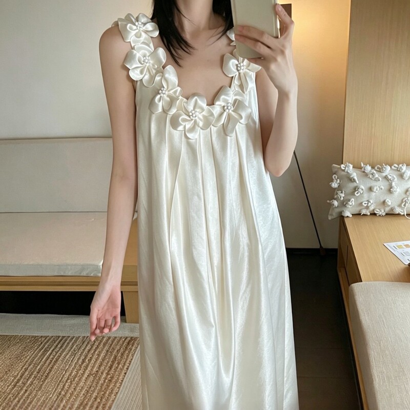 Acetate satin nightgown for women, new summer style, sweet floral design, light luxury style, high-end long nightdress, women's home wear Acetate satin nightgown for women, new summer style, sweet floral design, light luxury style, high-end long nightdress, women's home wear