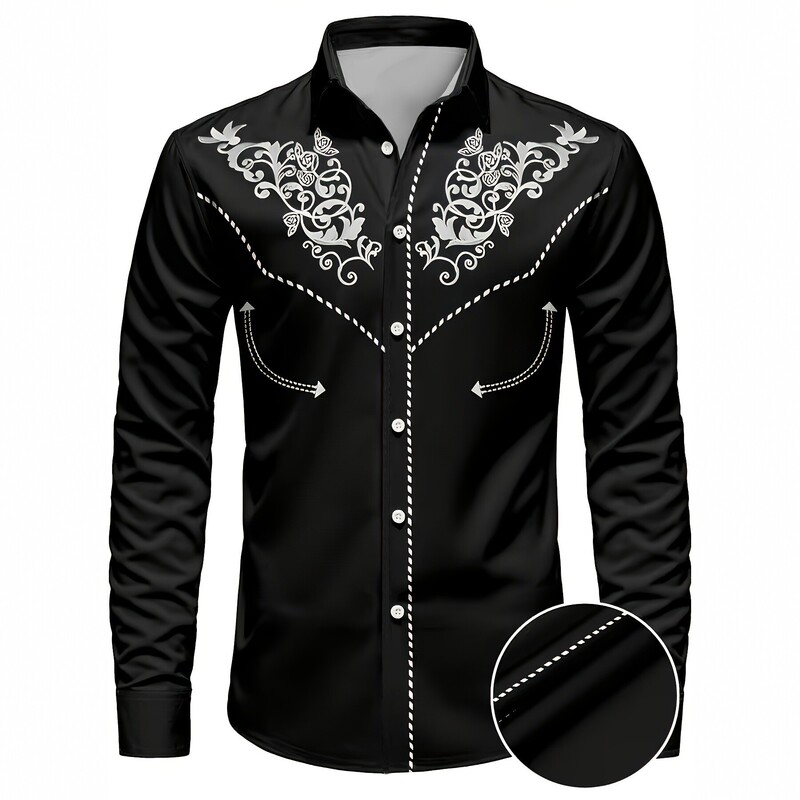 Cross-Border Western-Style Vine Embroidery Long-Sleeve Shirt, Men's American Country-Style Collared Shirt, Foreign Trade Dropshipping