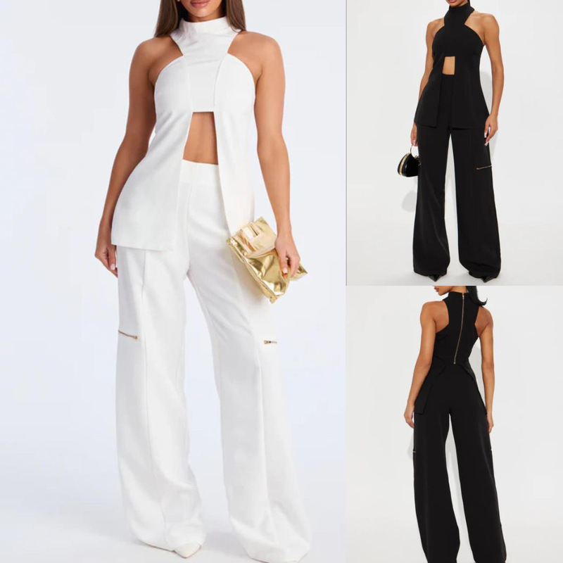 2026 New European and American Amazon Cross-Border Foreign Trade Stylish Women's Solid Color Sleeveless Sexy Wide-Leg Pants Two-Piece Set 2026 New European and American Amazon Cross-Border Foreign Trade Stylish Women's Solid Color Sleeveless Sexy Wide-Leg Pants Two-Piece Set