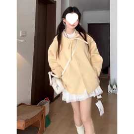 毛呢外套冬季新款法式氛围感小个子奶黄色蝴蝶结加厚短款呢子大衣