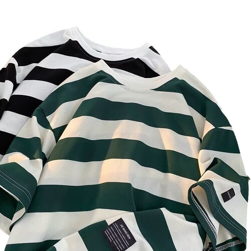 Men's Color Block Striped Short Sleeve T-Shirt, Cotton, 2024 Summer New Hong Kong Style Retro Streetwear Half Sleeve Loose Casual Top