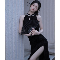 新中国風国風レトロ改良チャイナドレス女性夏黒首掛けワンピース古着ヴィンテージ初恋ロングスカート